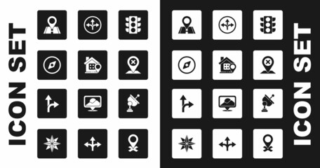 Set Traffic light, Location with house, Compass, Road traffic sign, Radar and icon. Vector