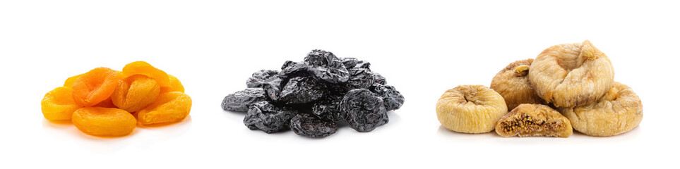Dried prunes, dried apricots, dried figs isolated on white background. Collage of different dried...