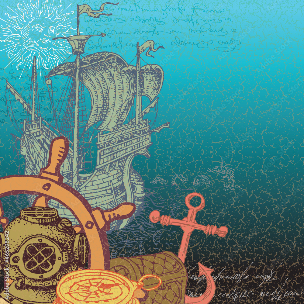 Poster vector image of an old postcard with nautical elements and items and logbook entries in a vintage manuscript style