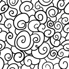 Black paint freehand drawn doodles on white background seamless pattern. Wavy lines, curls and round shapes. Abstract monochrome design for wallpaper, textile.