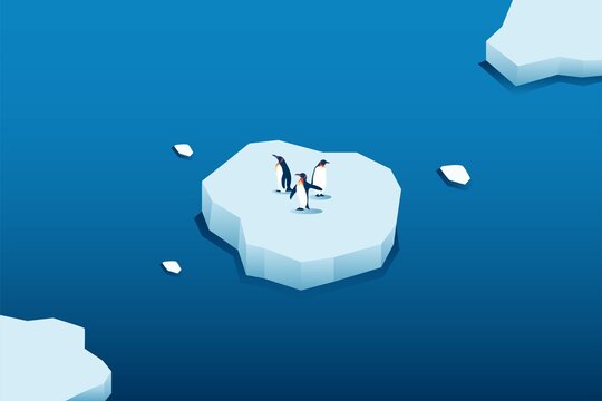 Climate change is real. Isometric Penguin on  melting mountain ice and sea level rising vector illustration concept
