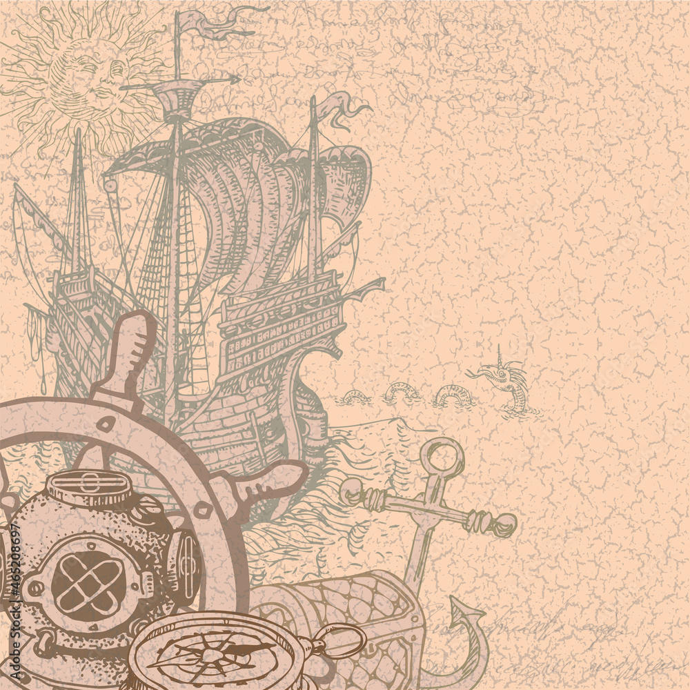 Aufkleber vector image of an old postcard with nautical elements and items and logbook entries in a vintage ma