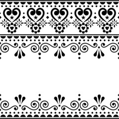 Scandinavian vector greeting card or textle, fabric print design - traditional seamless embroidery folk art style design with flowers and swirls in black and white