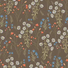 Seamless pattern with white, blue and red colours on a brown background. For covers, wallpaper, and fabric