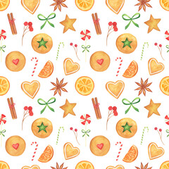 Watercolor Christmas sweets cookies seamless pattern on white background. Perfect for wrapping paper. Gingerbread digital paper. 
