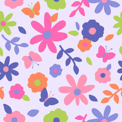Pastel cute flower and butterfly pattern vector background.