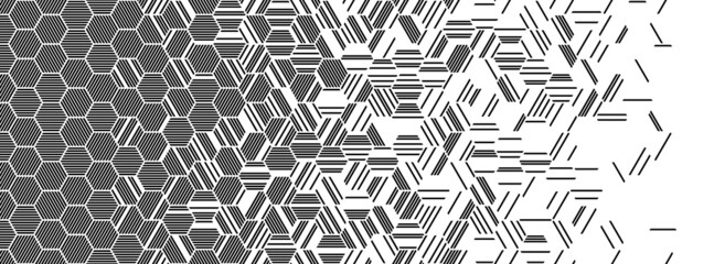 Black and white abstract geometric pattern with hexagonal lines. Seamless vector background with fade effect