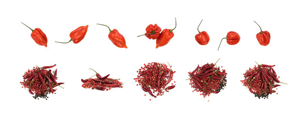 Heap of Dry Red Chili Peppers, Black and Pink Pepper Isolated