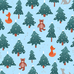 creative seamless pattern with christmas trees and forest animals. Good for nursery textile prints, scrapbooking, stationary, wallpaper, wrapping paper, kids apparel, etc. EPS 10