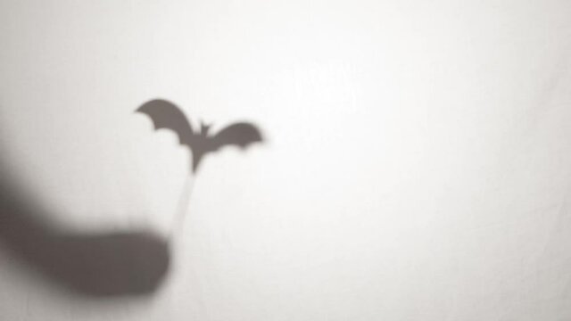 Halloween vampire bat shadow puppets silhouetted on sticks behind a white sheet