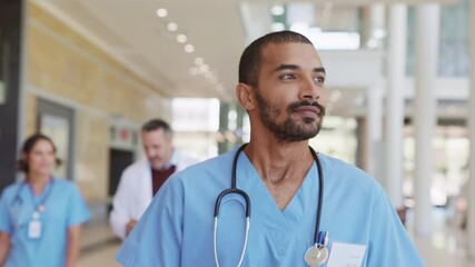 Successful mixed race nurse walking at hospital hallway - Powered by Adobe