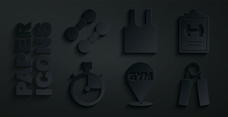 Set Location gym, Sport training program, Stopwatch, expander, Sleeveless T-shirt and Dumbbell icon. Vector