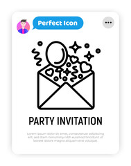 Party invitation, envelope with balloons and hearts thin line icon. Modern vector illustration.