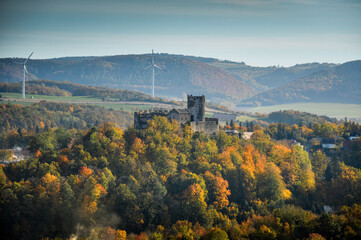 Bolkow Castle in autumn scenery, Lower Silesia, Poland