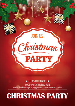 Merry christmas party and gift box on red background invitation theme concept. Happy holiday greeting banner and card design template.