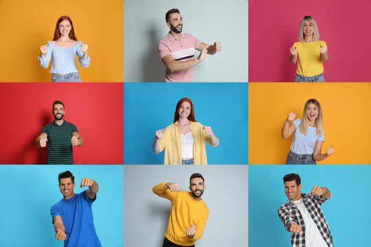 People Pretending To Drive Car On Different Color Backgrounds, Collage