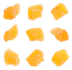 Set with tasty pieces of candied fruits on white background