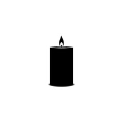 A burning wax candle in black on a white background.