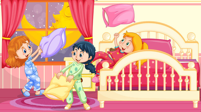 Children palying pillow fighting in the bedroom scene