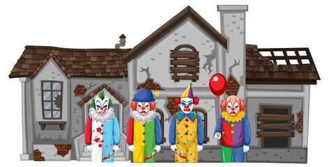 Creepy clowns standing in front of an abandoned house