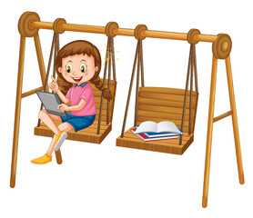 Girl leaning online with tablet on swing chair