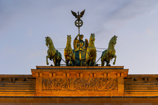 Germany, Berlin, Brandenburg Gate quadriga at dusk