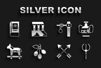 Set Olives branch, Broken amphorae, Neptune Trident, Crossed arrows, Trojan horse, Gallows, Greek history book and Parthenon icon. Vector