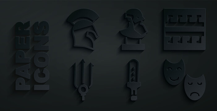 Set Medieval sword, Ancient Greek pattern, Neptune Trident, Comedy and tragedy masks, bust sculpture and helmet icon. Vector