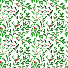 Naklejka premium Christmas holiday mistletoe branches and red berries vector seamless pattern. Isolated on white background. Great for greeting cards, wallpapers, gift paper, winter holiday decorations.