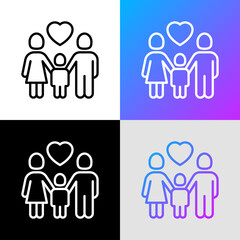 Foster family thin line icon, silhouettes of mother, father and child with heart above. Modern vector illustration, logo for adoption company.