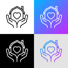 Fototapeta premium Family caregivers thin line icon, house with heart in hands. Modern vector illustration of adoption family, retirement, charity support.