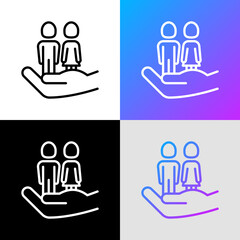 Adoption thin line icon, boy and girl in human hand. Symbol of family protection and safety. Modern vector illustration for custody.