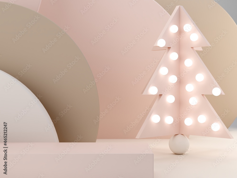 Aufkleber pink cream shapes and christmas tree on a pastel color abstract background. minimal boxes and geomet