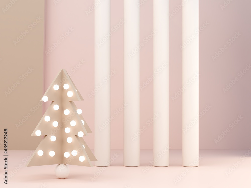Aufkleber pink cream shapes and christmas tree on a pastel color abstract background. minimal forms and geomet