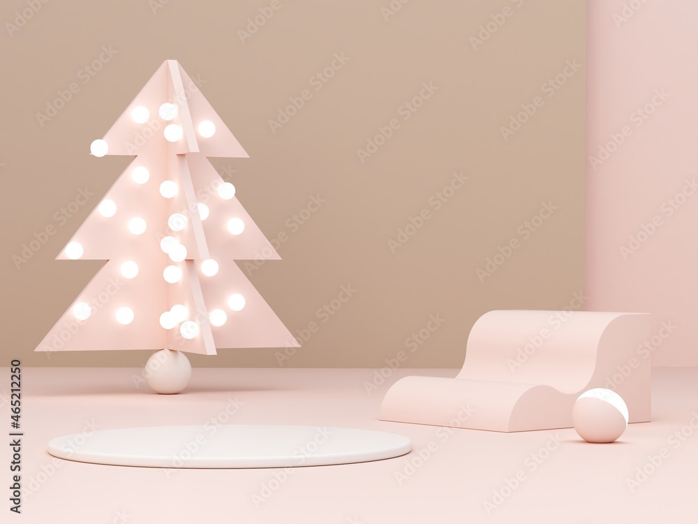 Poster pink cream shapes and christmas tree on a pastel color abstract background. minimal forms and geomet