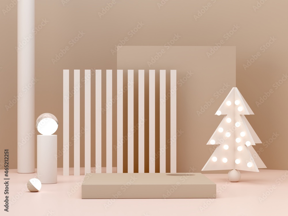 Aufkleber pink cream shapes and christmas tree on a pastel color abstract background. minimal boxes and geomet