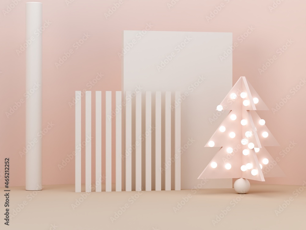 Poster pink cream shapes and christmas tree on a pastel color abstract background. minimal boxes and geomet