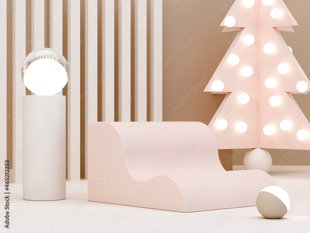 Poster pink cream shapes and christmas tree on a pastel color abstract background. minimal forms and geomet