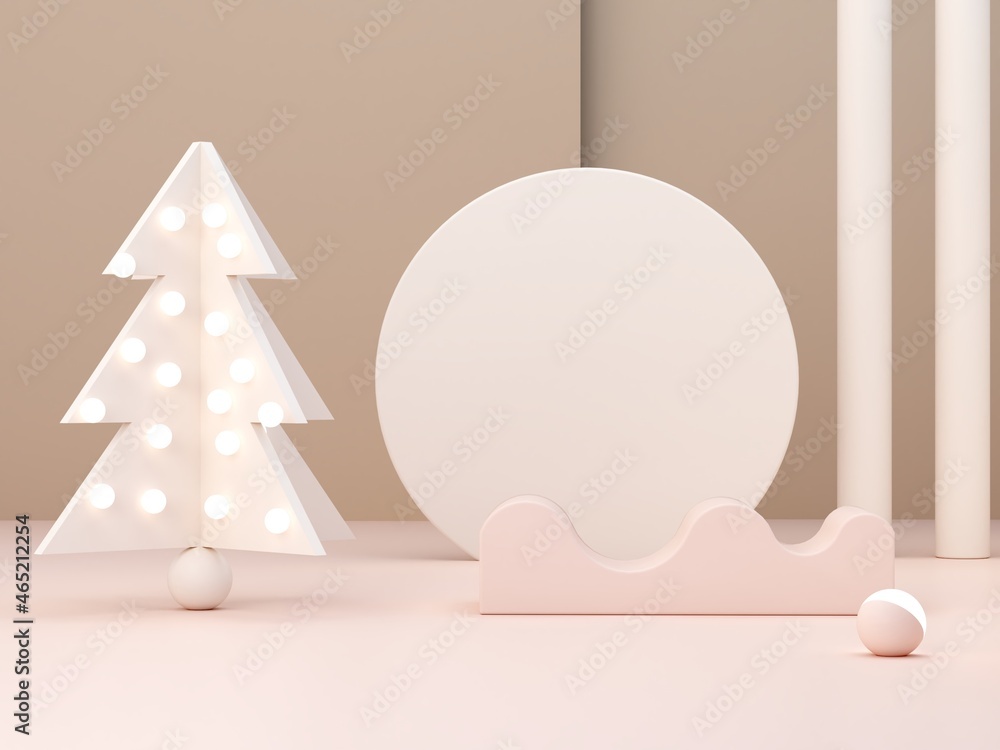 Poster pink cream shapes and christmas tree on a pastel color abstract background. minimal forms and geomet