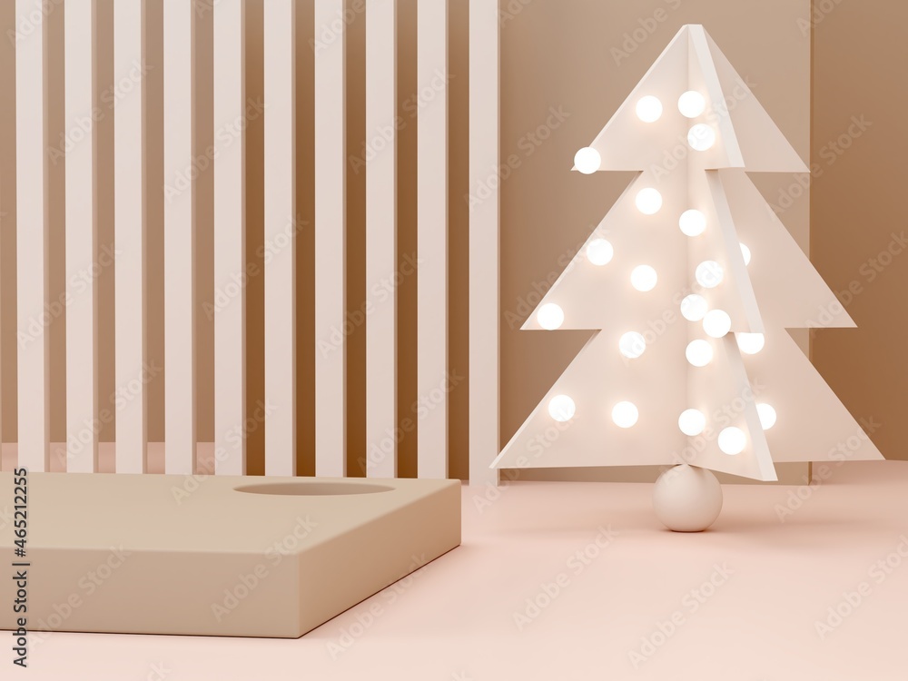 Aufkleber pink cream shapes and christmas tree on a pastel color abstract background. minimal boxes and geomet
