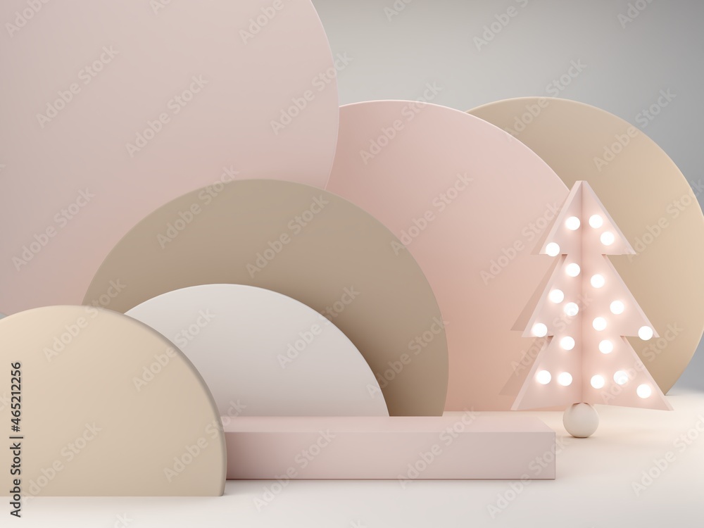 Aufkleber pink cream shapes and christmas tree on a pastel color abstract background. minimal boxes and geomet