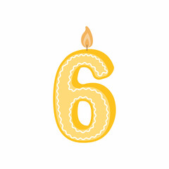 Illustration of a birthday candle number. A candle with the number 6. A yellow candle on the sixth birthday. Vector illustration on a white background isolated in a flat cartoon style