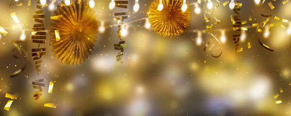 beautiful golden party decoration background with copy space, frame of confetti, streamers and...