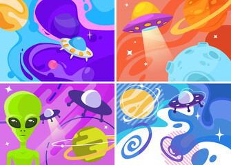 Collection of banners with UFO. Placard designs in cartoon style.