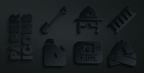 Set Fire alarm system, escape, Canister fuel, Campfire, Firefighter helmet and shovel icon. Vector