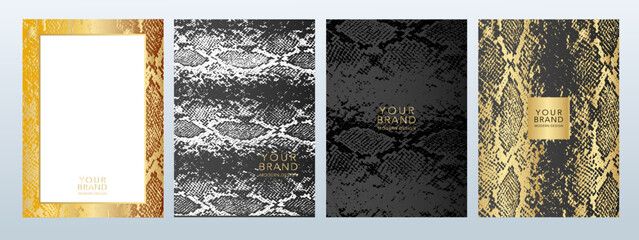 Modern case, set of safari frames. Luxurious gold and white python print. Abstract snake skin pattern on background. Collection of vector premium stripes for brochure, template, restaurant menu.