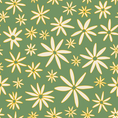 Ditsy daisy floral seamless repeat pattern. Random placed, vector millefleurs all over surface print on sage green background.
