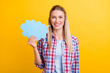 Photo of cool blond young lady tell answer wear blue shirt isolated on yellow color background