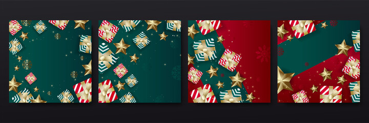 Christmas tree, ball, xmas elements and decorations with square post social media template. Merry Christmas and Happy Holidays cards. Christmas new year winter holiday greeting cards with decoration
