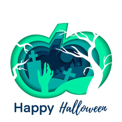 Vector halloween illustration. A hand on the background of the full moon next to crosses, trees and gravestones inside a pumpkin. An elegant spooky holiday texture perfect for gift cards and more.